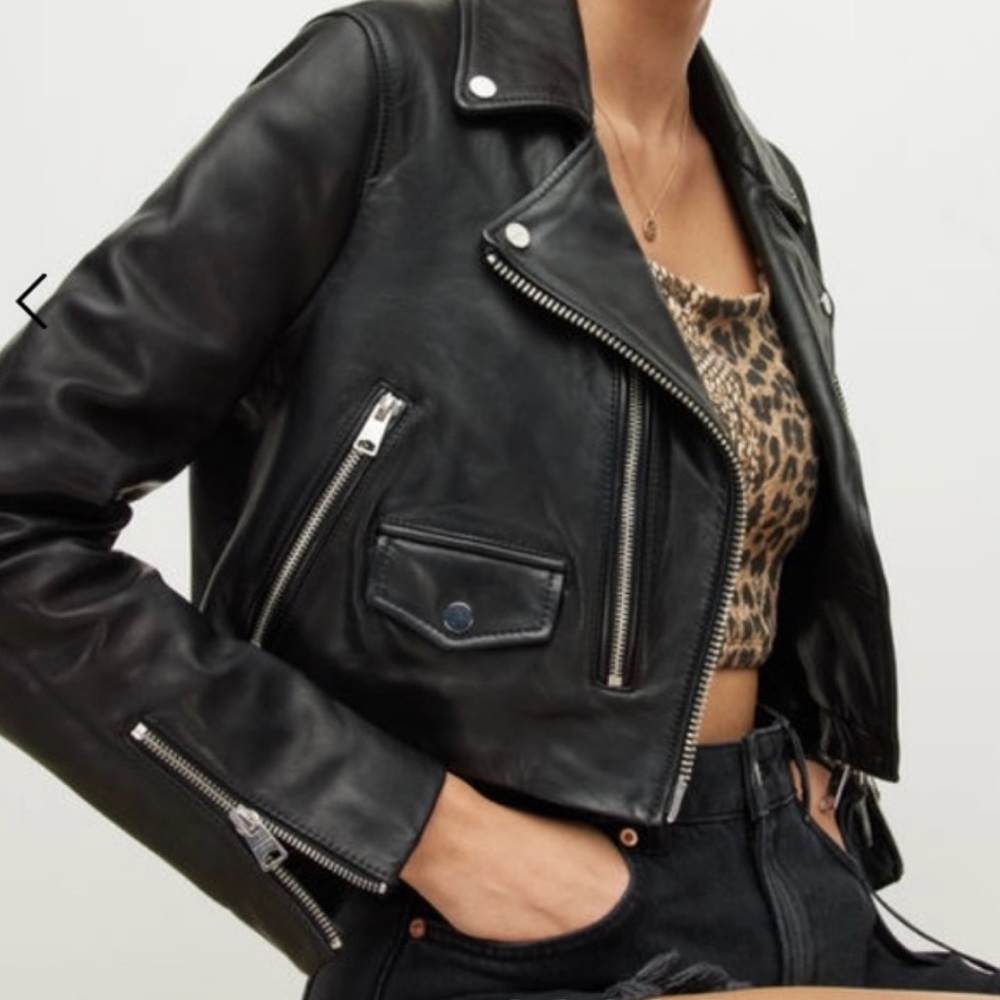 All Saints Black Leather Crop Biker Jacket - Picture 7 of 14